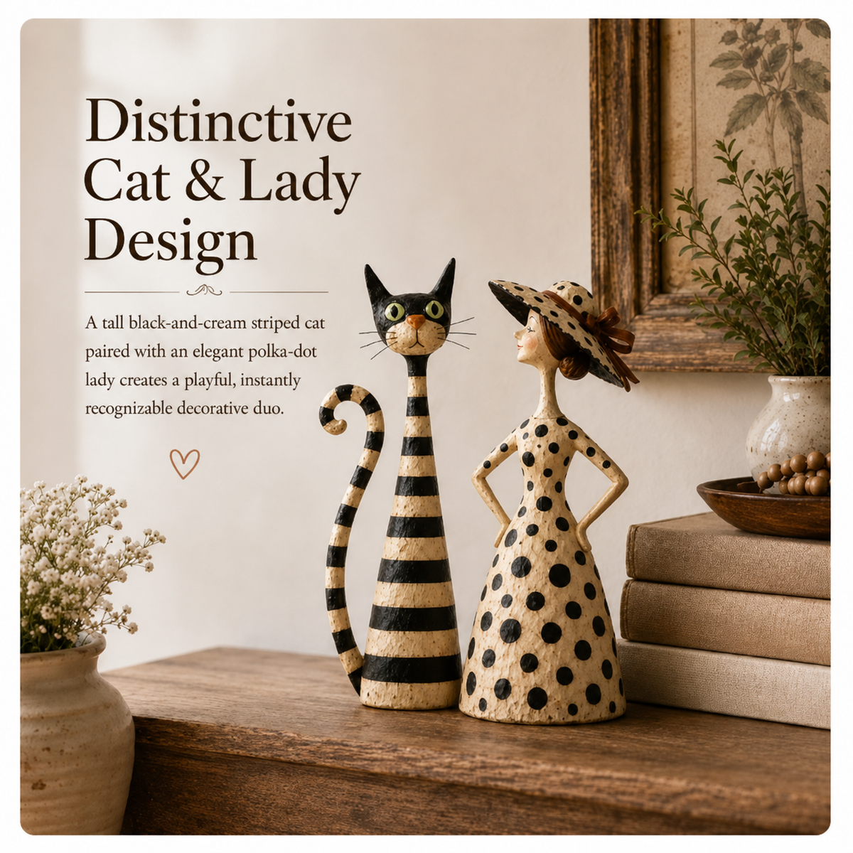 Distinctive vintage cat and lady decorative duo