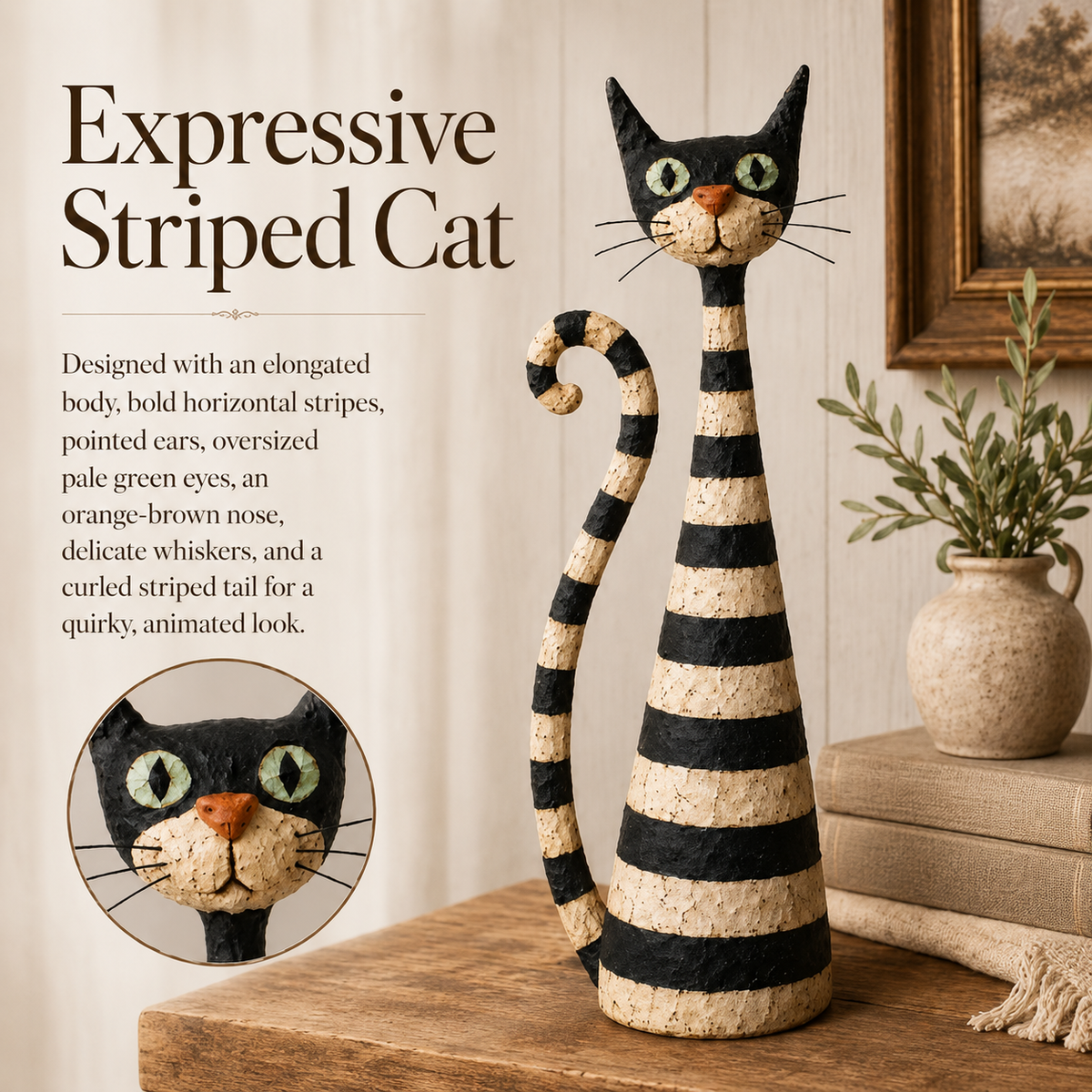 Expressive striped cat sculpture detail
