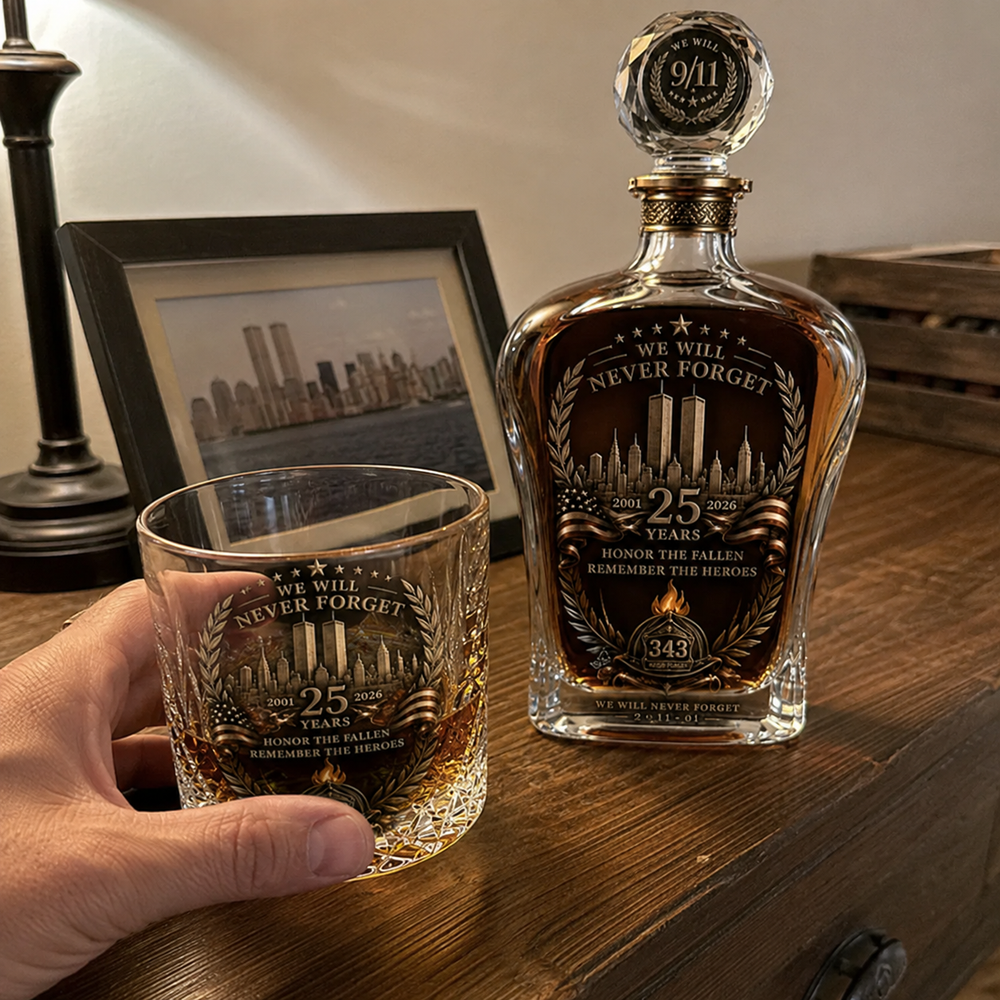 Memorial decanter and glass customer home display