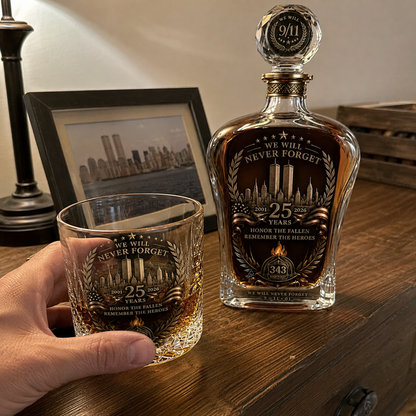 9/11 25th Anniversary Memorial Whiskey Decanter & Glass Gift Set – We Will Never Forget 343 Heroes Tribute