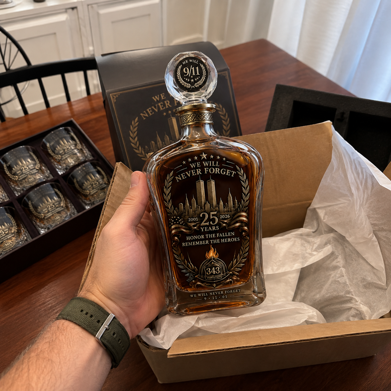 9/11 25th Anniversary Memorial Whiskey Decanter & Glass Gift Set – We Will Never Forget 343 Heroes Tribute