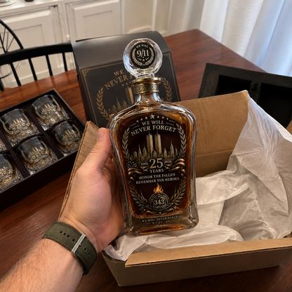 9/11 25th Anniversary Memorial Whiskey Decanter & Glass Gift Set – We Will Never Forget 343 Heroes Tribute