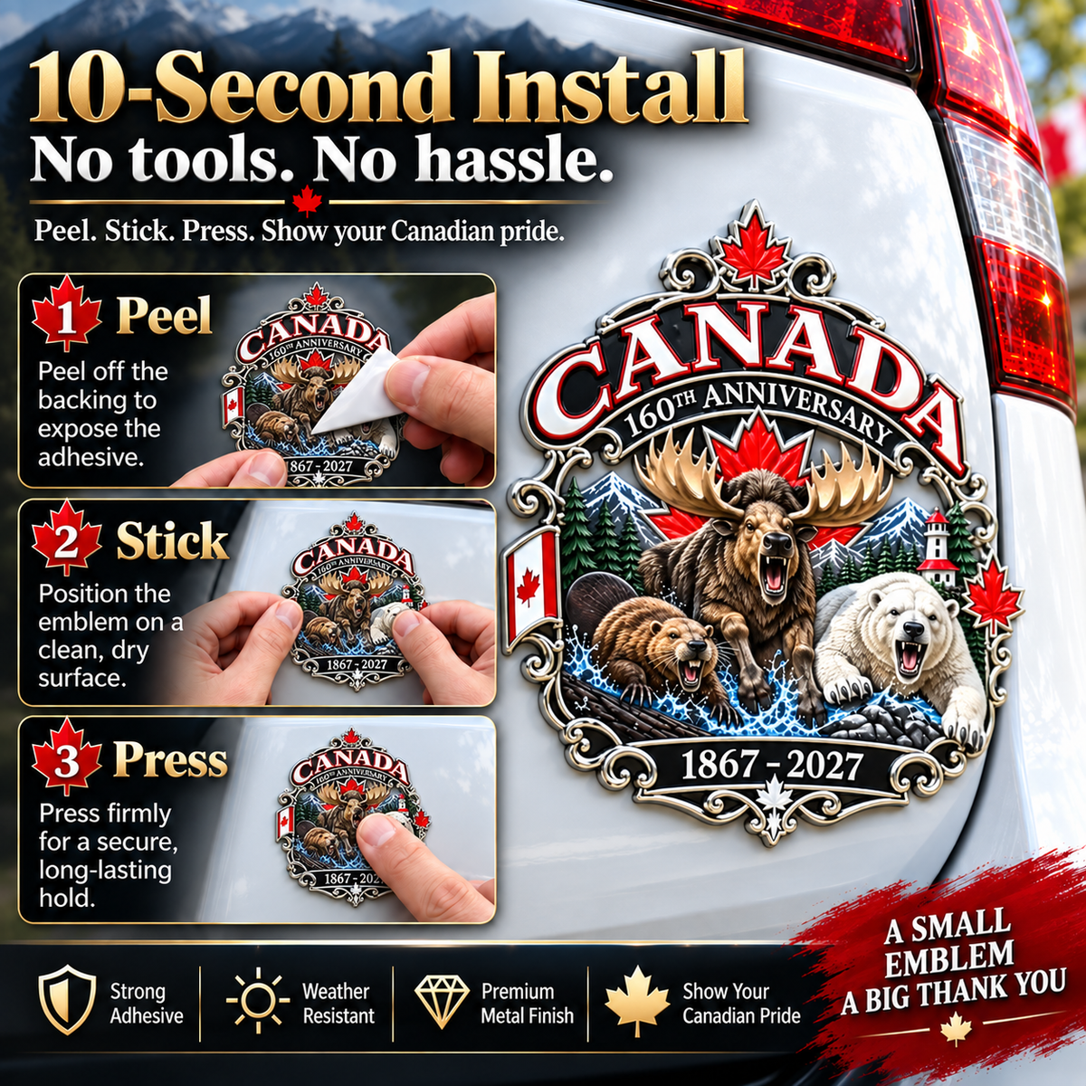 🍁Canada 160th Anniversary “True North Strong and Free” Tribute Metal Car Emblem🍁