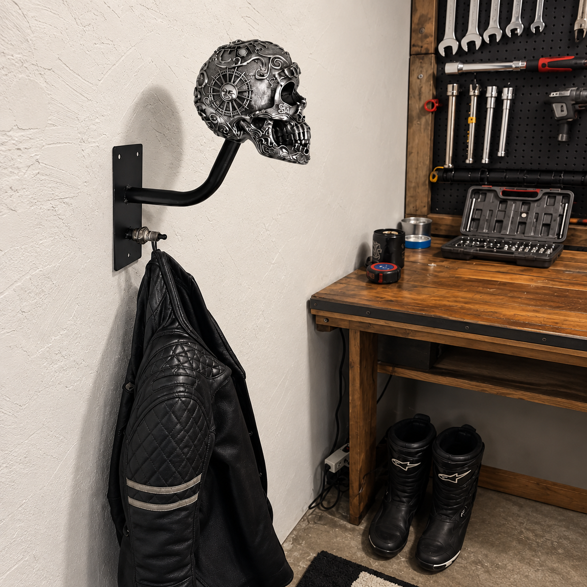 💀Skull Motorcycle Helmet Holder – Punk Skull Wall Mount Rack for Helmets, Jackets & Garage Decor