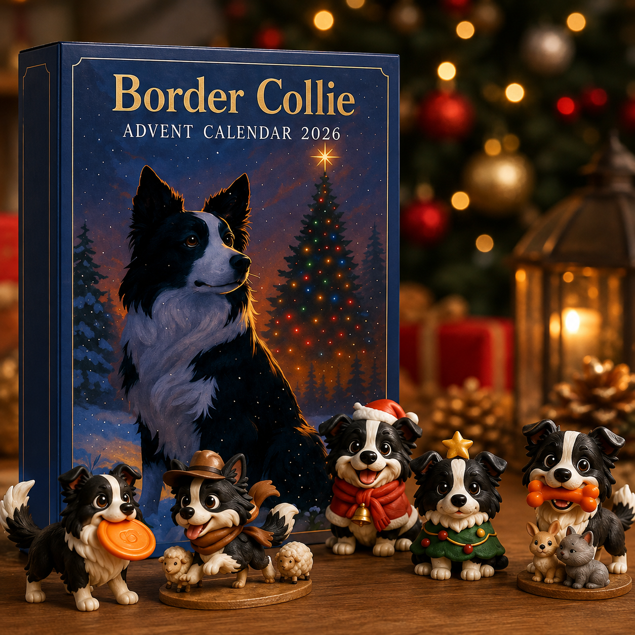 Border Collie Advent Calendar in a warm Christmas setting