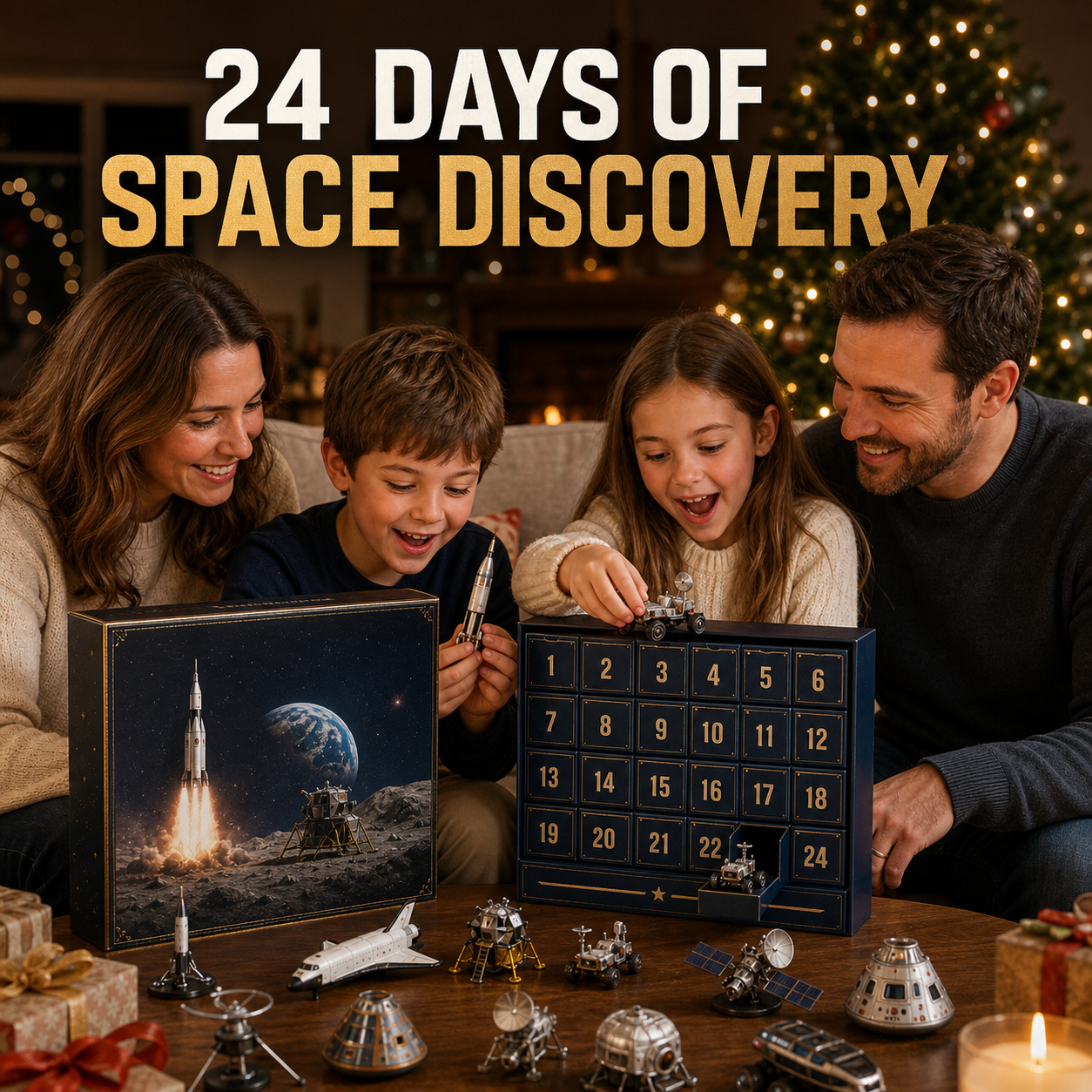 family opening space advent calendar together