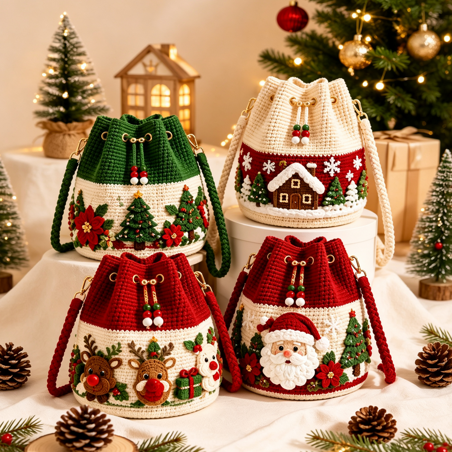 🎄🧶 Cozy Holiday Crochet Bucket Bag – 4 Festive 3D Styles with Detachable Strap