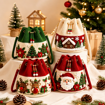 🎄🧶 Cozy Holiday Crochet Bucket Bag – 4 Festive 3D Styles with Detachable Strap