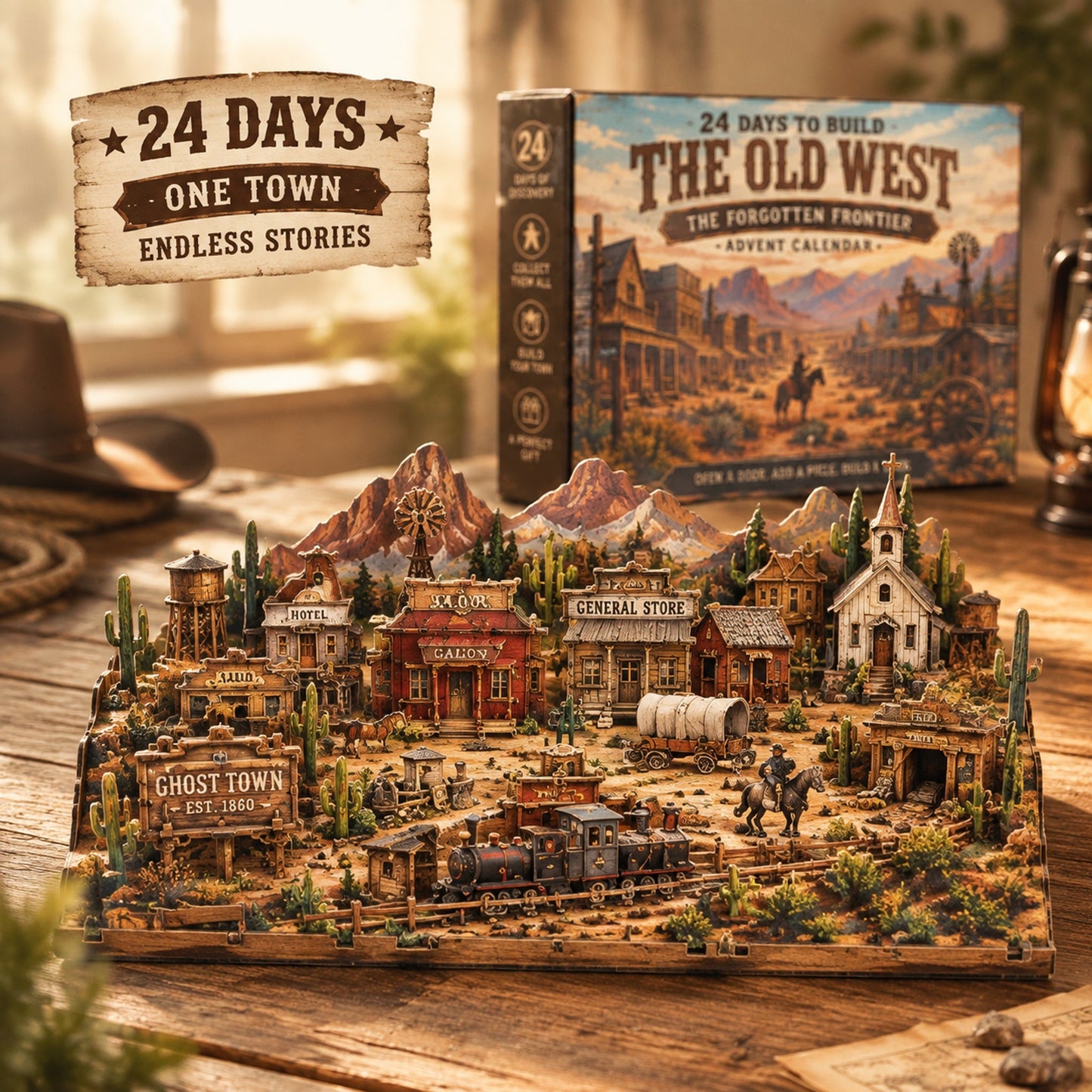 The Forgotten Frontier Ghost Town Advent Calendar 🤠 | 24‑Day Build‑Your‑Own Wild West Town Reusable Wooden Countdown