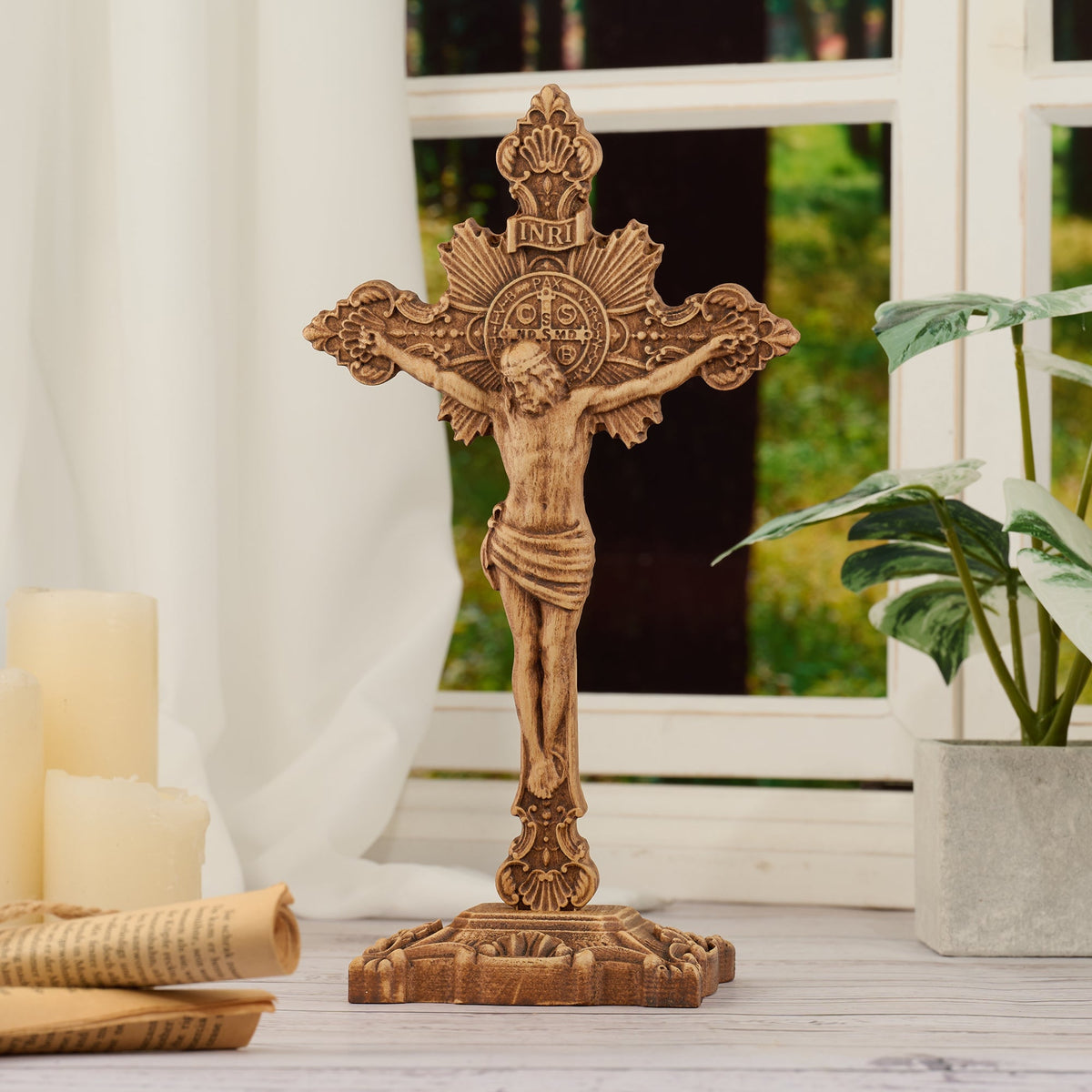 St. Benedict Exorcism Cross wood carved - Bless you and your family - design detail