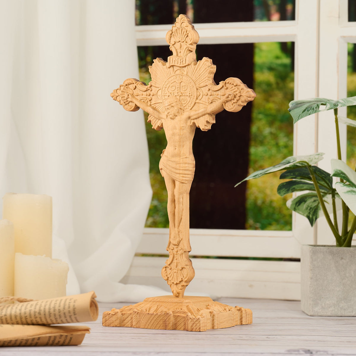 St. Benedict Exorcism Cross wood carved - Bless you and your family - size and finish detail