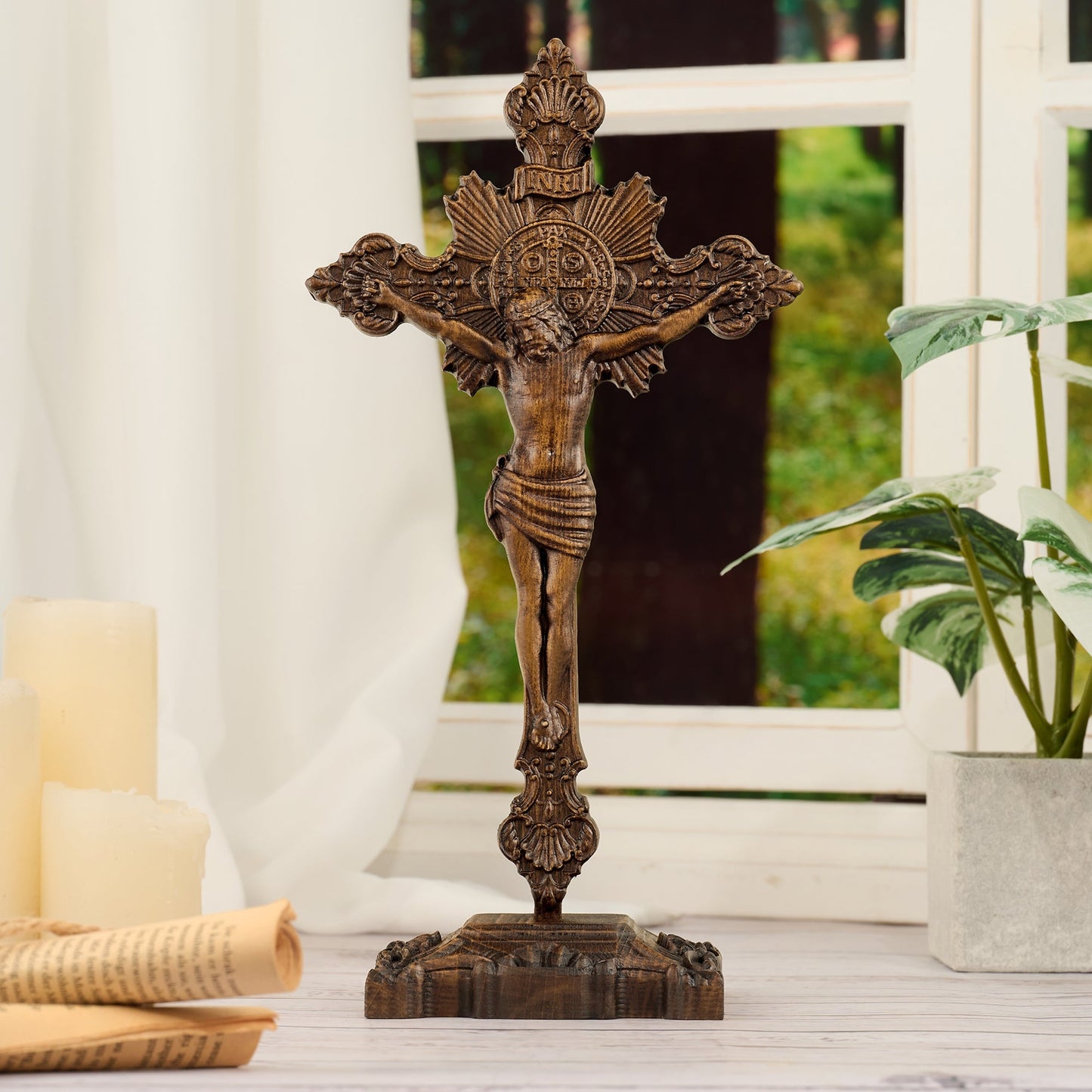St. Benedict Exorcism Cross wood carved - Bless you and your family - product view