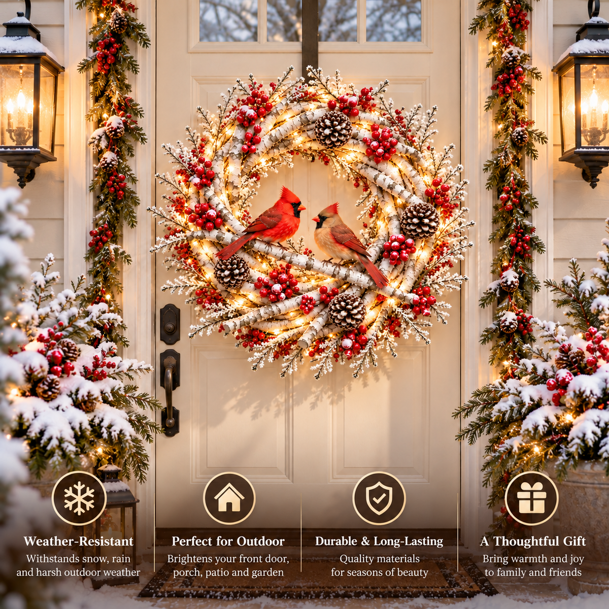 🔥 LAST DAY 49% OFF 🔥 ❤️🐦 Cardinals Together™ – Lighted Snowy Birch Christmas Wreath with Male & Female Cardinals 🎄✨