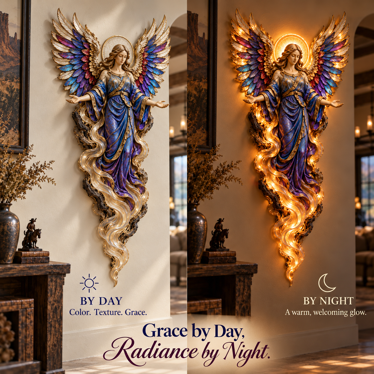 Gabriel angel sculpture appearance in daylight and after dark