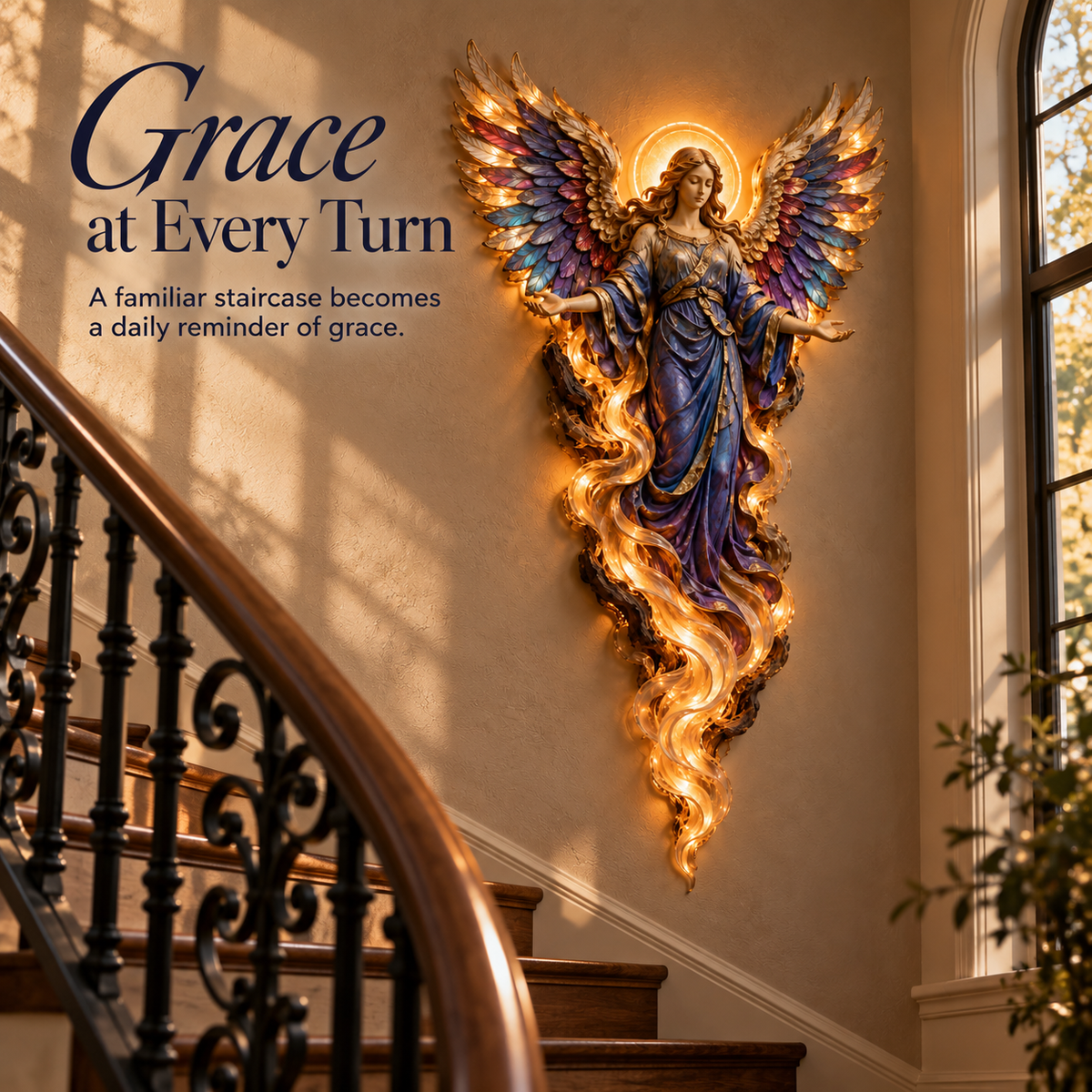 Gabriel wall sculpture above a staircase landing