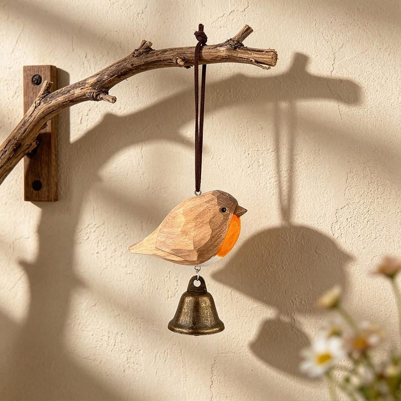 Hand-carved Wooden Robin Wind Chime | Rustic Bird Hanging Ornament, Nature Lover Gift