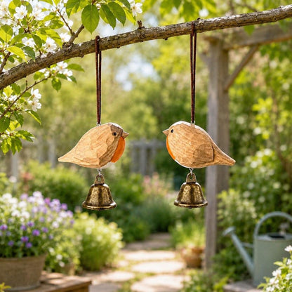 Hand-carved Wooden Robin Wind Chime | Rustic Bird Hanging Ornament, Nature Lover Gift