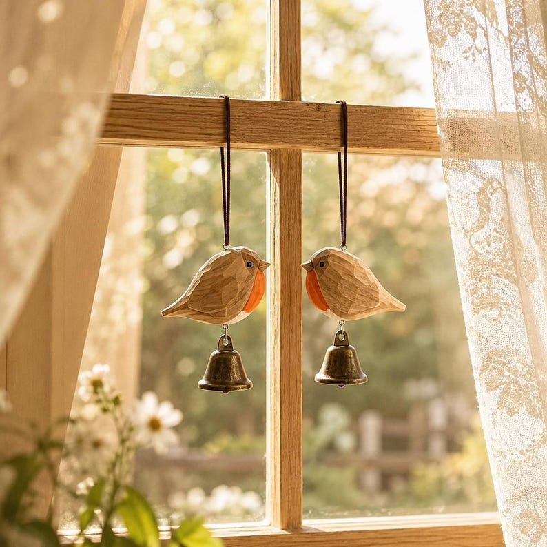Hand-carved Wooden Robin Wind Chime | Rustic Bird Hanging Ornament, Nature Lover Gift