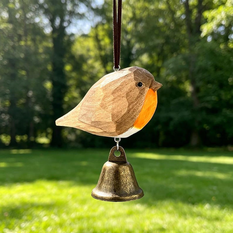 Hand-carved Wooden Robin Wind Chime | Rustic Bird Hanging Ornament, Nature Lover Gift