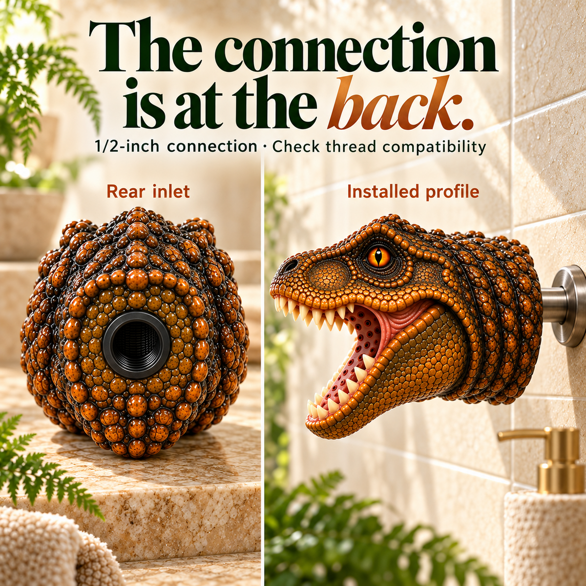 Prehistoric Splash T-Rex shower head product introduction