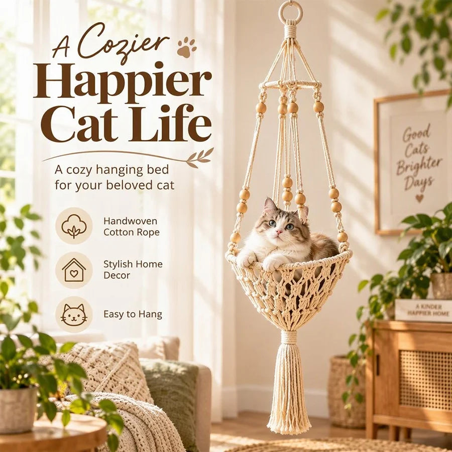 Handwoven Cotton-Rope Hanging Cat Bed for Cozy Elevated Rest
