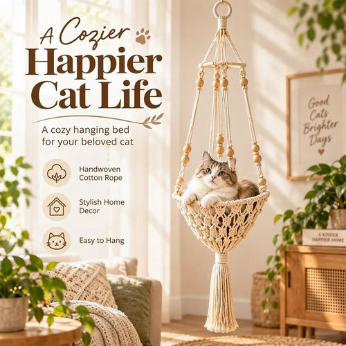 Handwoven Cotton-Rope Hanging Cat Bed for Cozy Elevated Rest