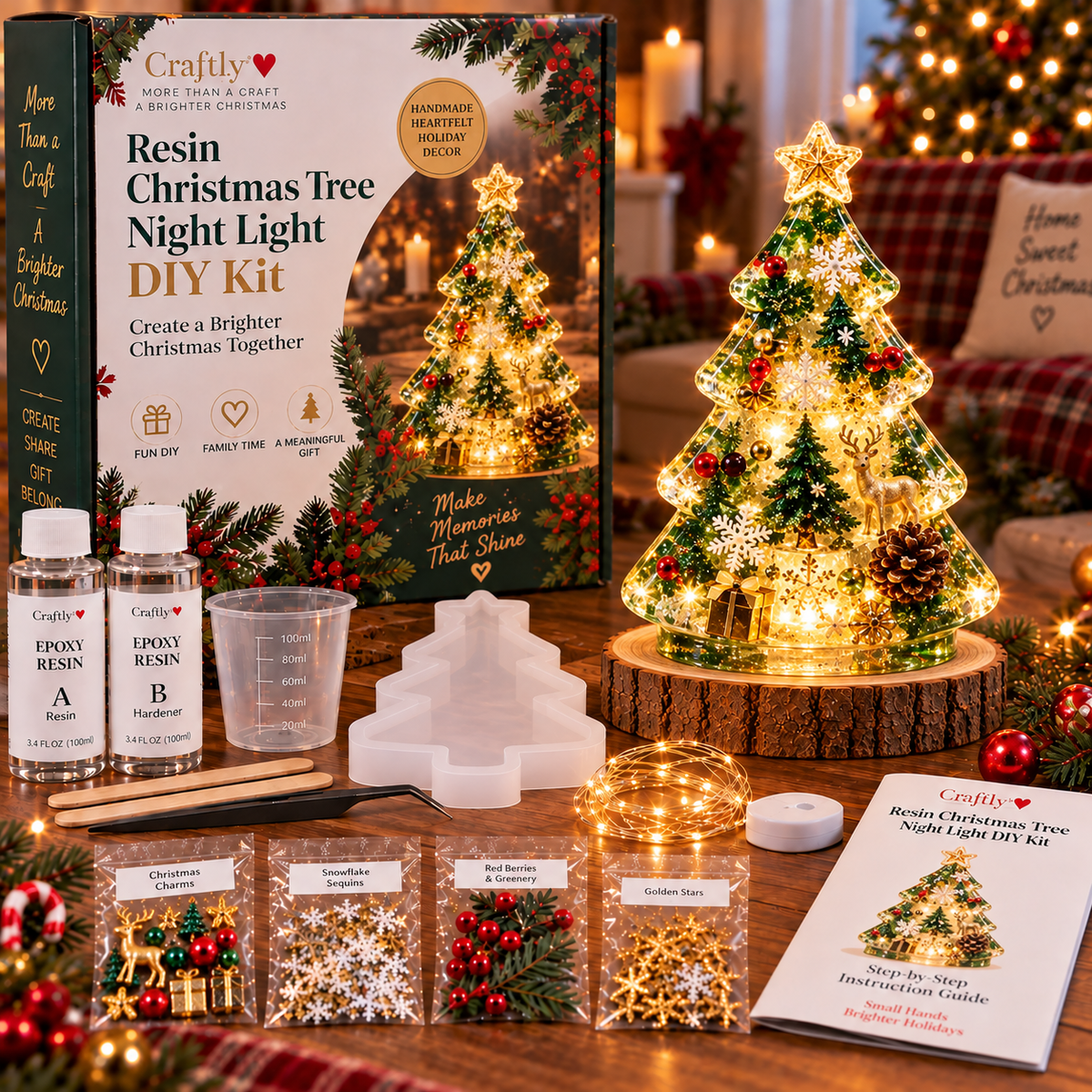 🎄 ✨Beginner-Friendly Resin Christmas Tree Night Light DIY Kit | Complete Kit with Mold, Resin, Fairy Lights & Festive Decorations ✨