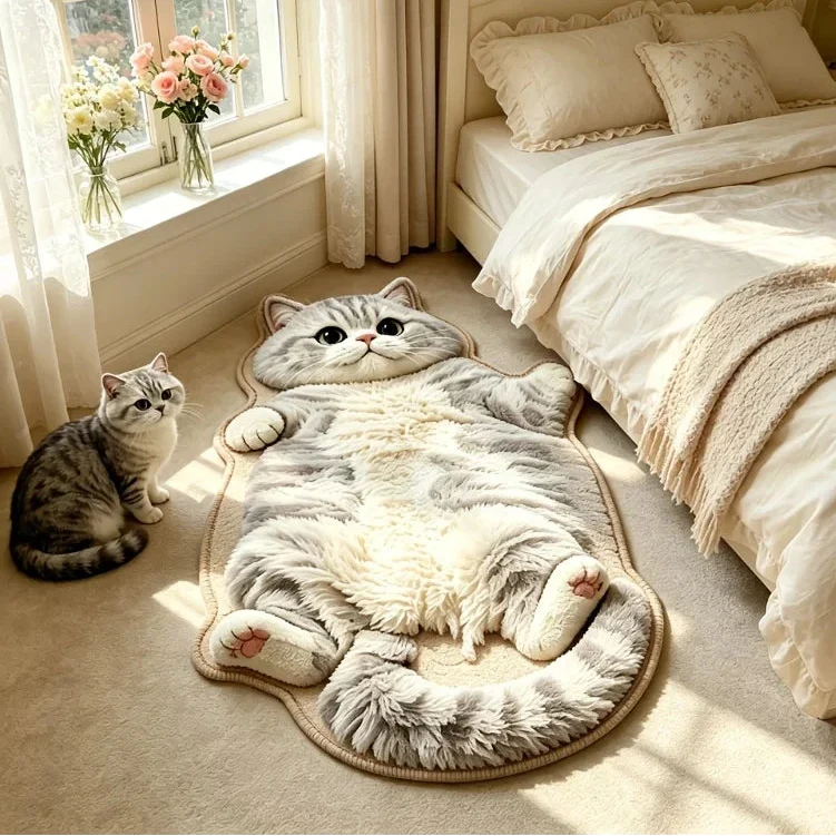 Sleeping cat-shaped accent rug beside a bed