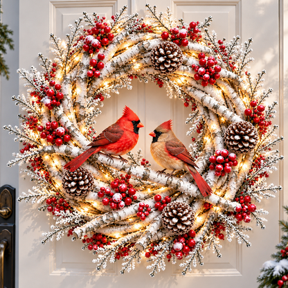 🔥 LAST DAY 49% OFF 🔥 ❤️🐦 Cardinals Together™ – Lighted Snowy Birch Christmas Wreath with Male & Female Cardinals 🎄✨