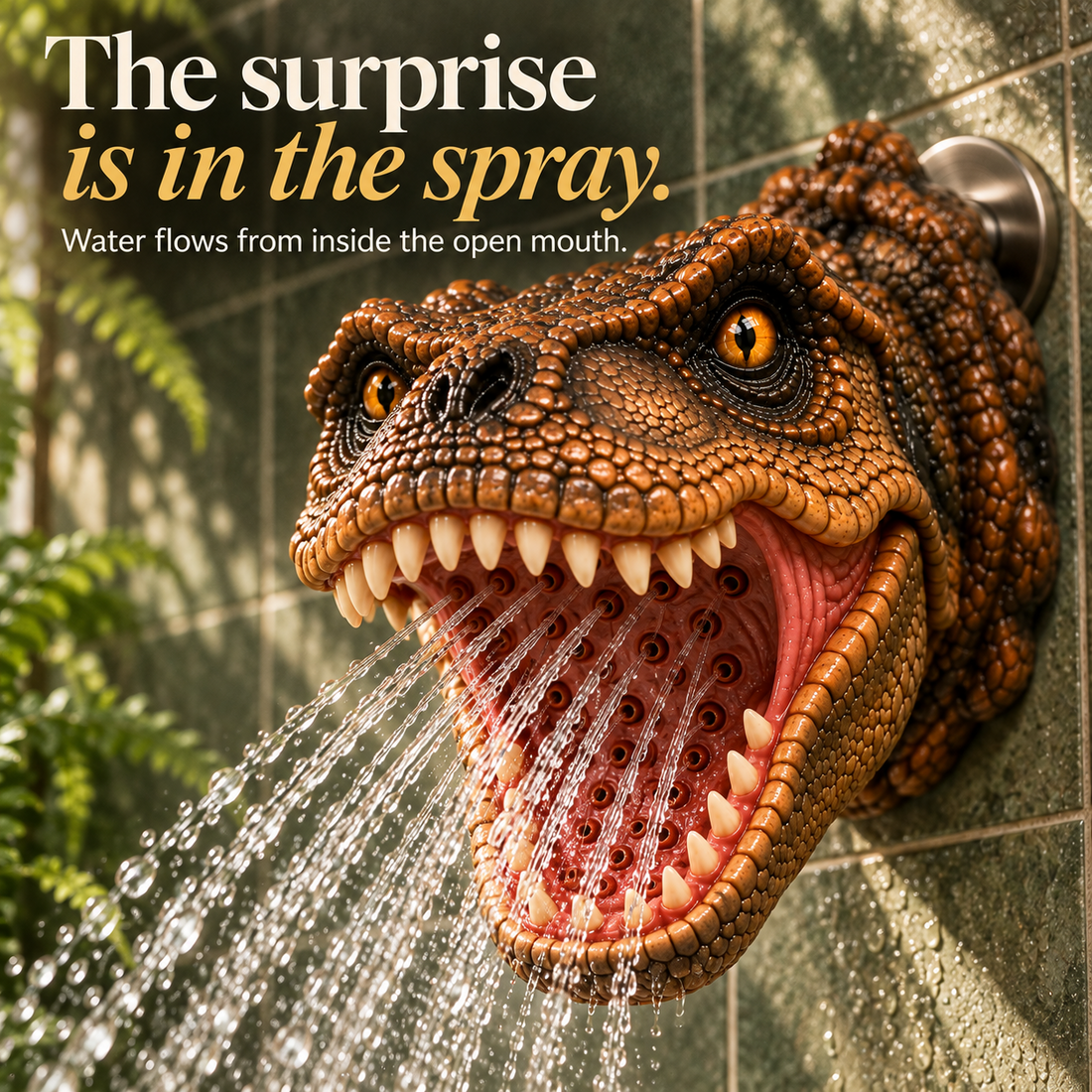 Illustrated T-Rex shower head water spray styles