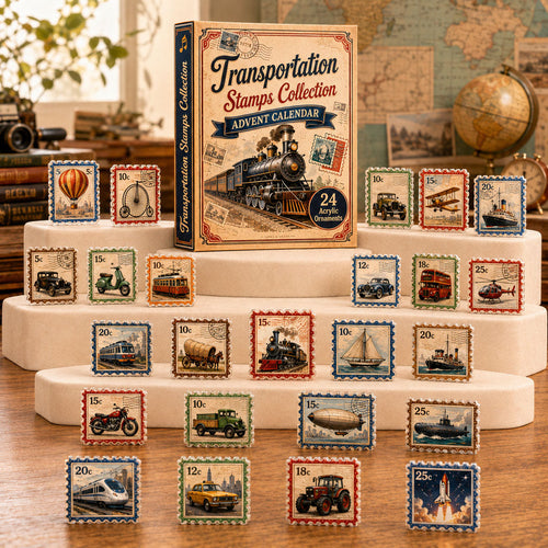 CHRISTMAS KICKOFF 40% OFF - Transportation Stamps Collection Advent Calendar 2026 - 24-Day Festive Countdown, Acrylic Charms Blind Box - Gift For Stamp Lovers