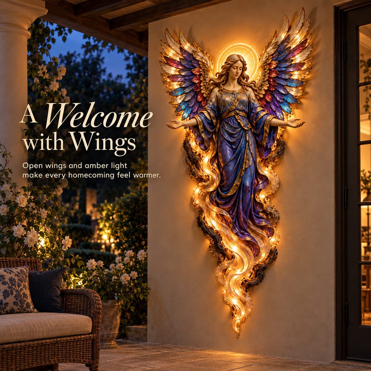 Illuminated Gabriel angel in a sheltered setting at twilight