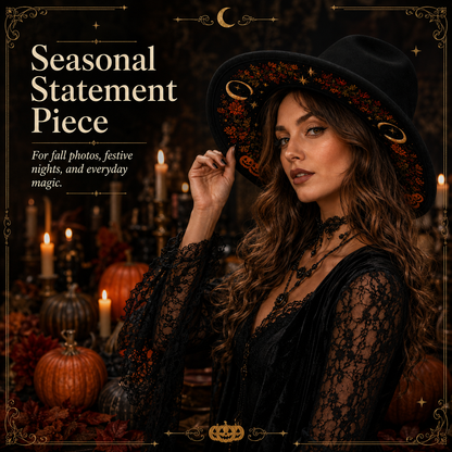 🖤 Gothic Embroidered Wide Brim Fedora Hat 🌙