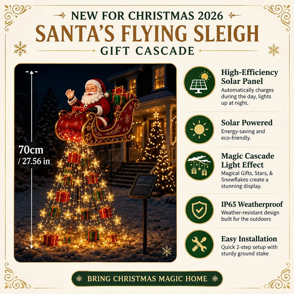 🎅✨ 2026 New Santa’s Flying Sleigh Gift Cascade – Solar Christmas Garden Light