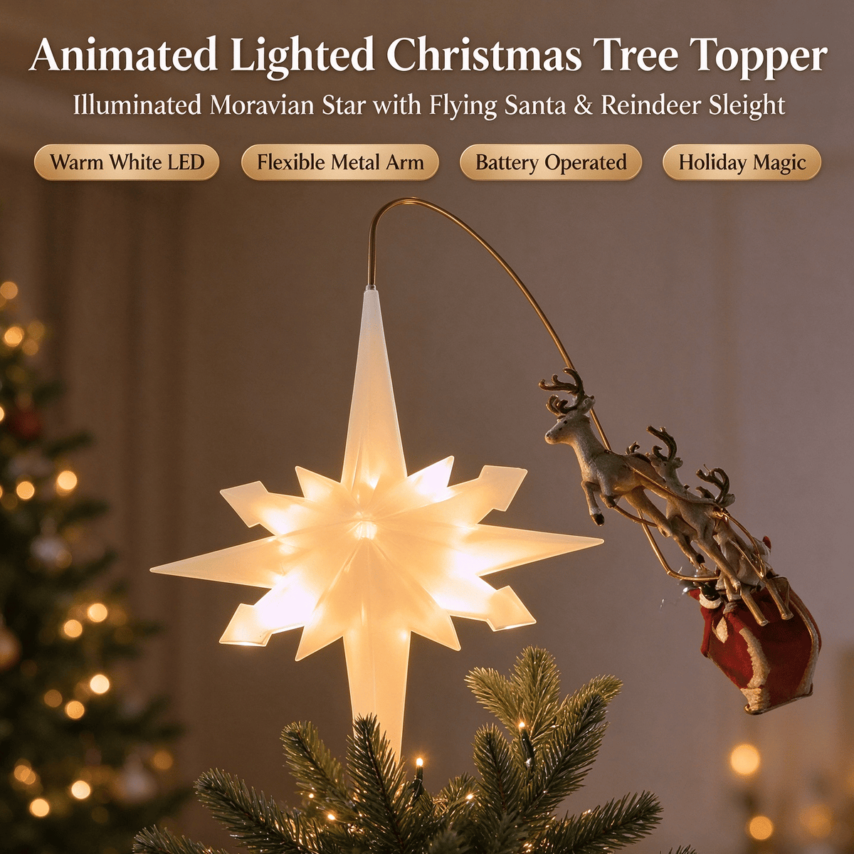 Lighted Christmas Tree Topper, Moravian LED Star with Bendable Metal Arm Santa Reindeer Sleigh Flying Ornament, Christmas Tree Top Holiday Decoration
