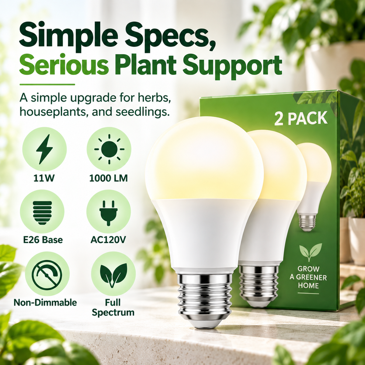 Natural White Full-Spectrum Grow Light Bulbs – E26 Indoor Plant Light, 2-Pack