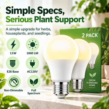 Natural White Full-Spectrum Grow Light Bulbs – E26 Indoor Plant Light, 2-Pack