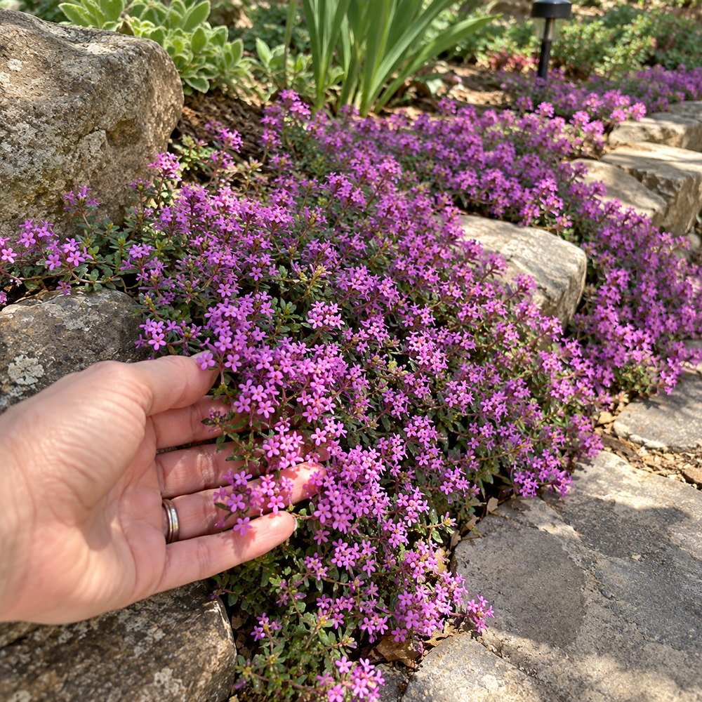 Creeping thyme growing around a stone garden path