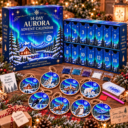 🌌 14-Day Aurora Diamond Painting Advent Calendar – DIY Wooden Christmas Ornament Kit