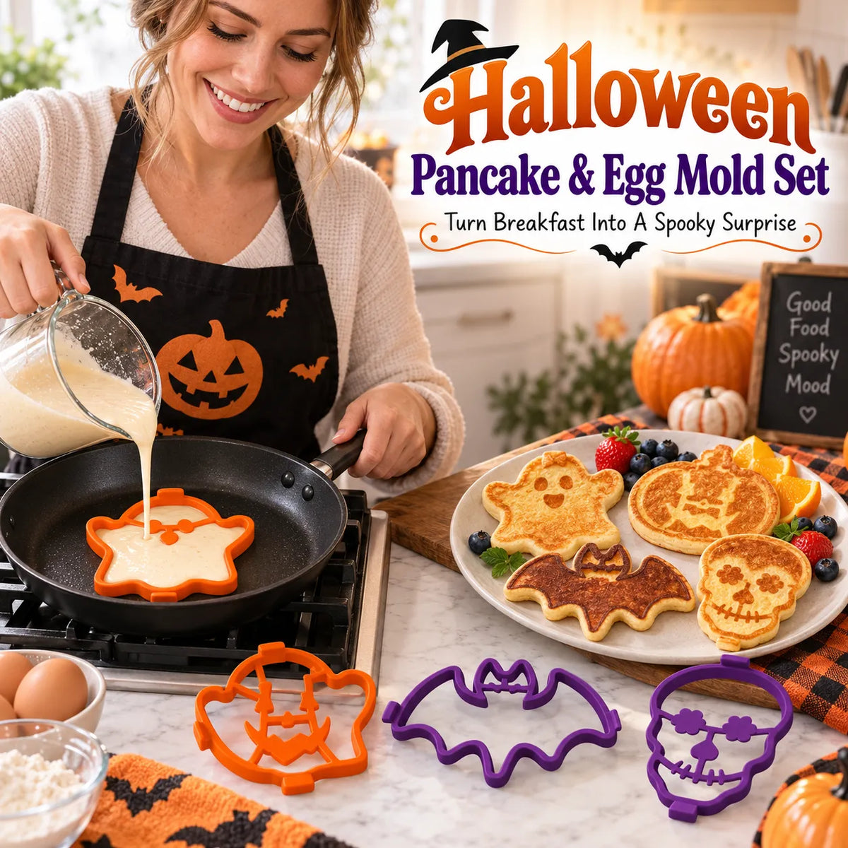 🎃🍳 Spooky Breakfast Shape Set – 4 Reusable Molds for Pancakes, Eggs & Halloween Fun
