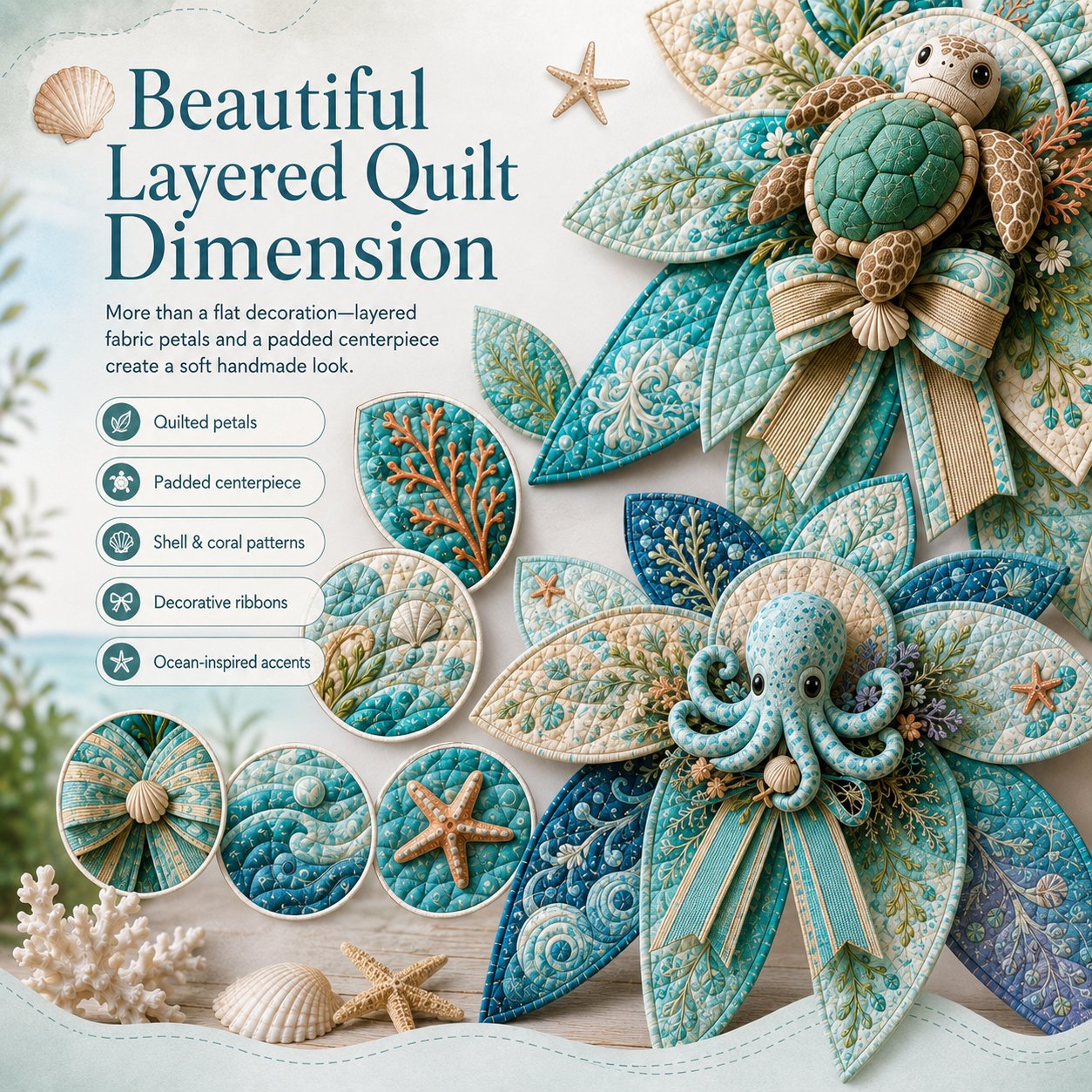 🌊 DIY Ocean Animal Quilted Bow Kit – Large 3D Coastal Door & Wall Décor