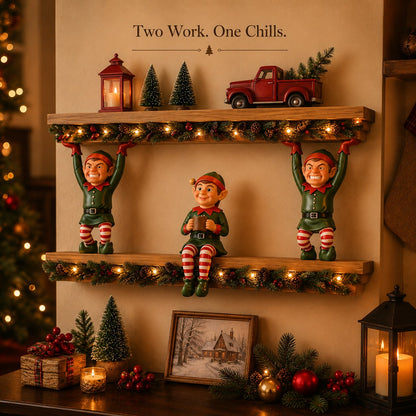Free Shipping 🎄 Christmas Elf Shelf Décor – Whimsical 3-Elf Holiday Wall Display with Festive Garland, Pinecones & Berries