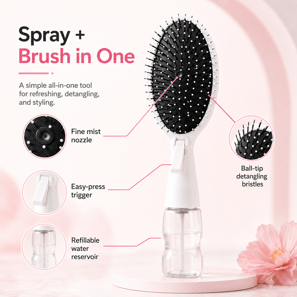 💦🪮 2-in-1 Mist & Style Detangling Brush – Refillable Curl Refresh Hair Tool