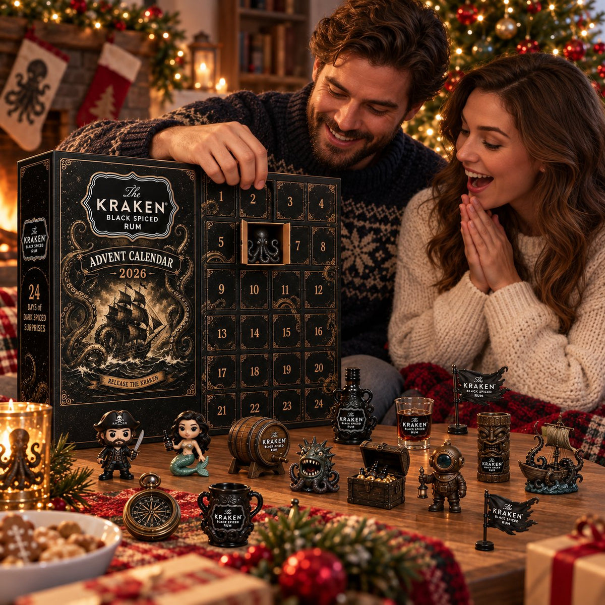 24-Day Kraken Rum Mini Bottle Advent Calendar Set for Holiday Bar Table Display, Rum Lover Collectible Gift, Christmas Countdown & Festive Decoration