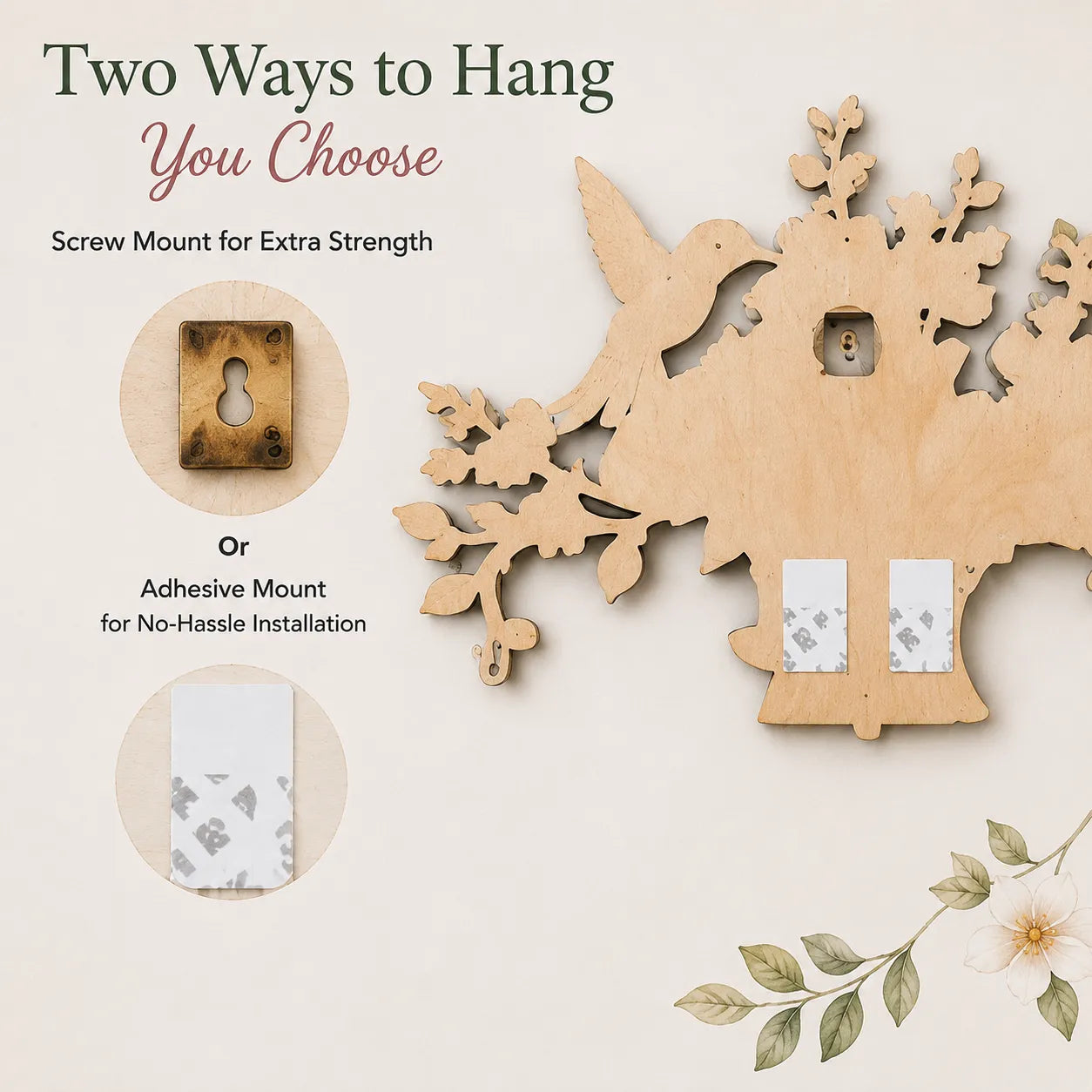 🌿 DIY Hummingbird Tree Wall Organizer Kit | 5‑Hook Wooden Wall Hanger, Botanical Art Decor for Entryway Home Craft Gift