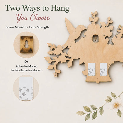 🌿 DIY Hummingbird Tree Wall Organizer Kit | 5‑Hook Wooden Wall Hanger, Botanical Art Decor for Entryway Home Craft Gift
