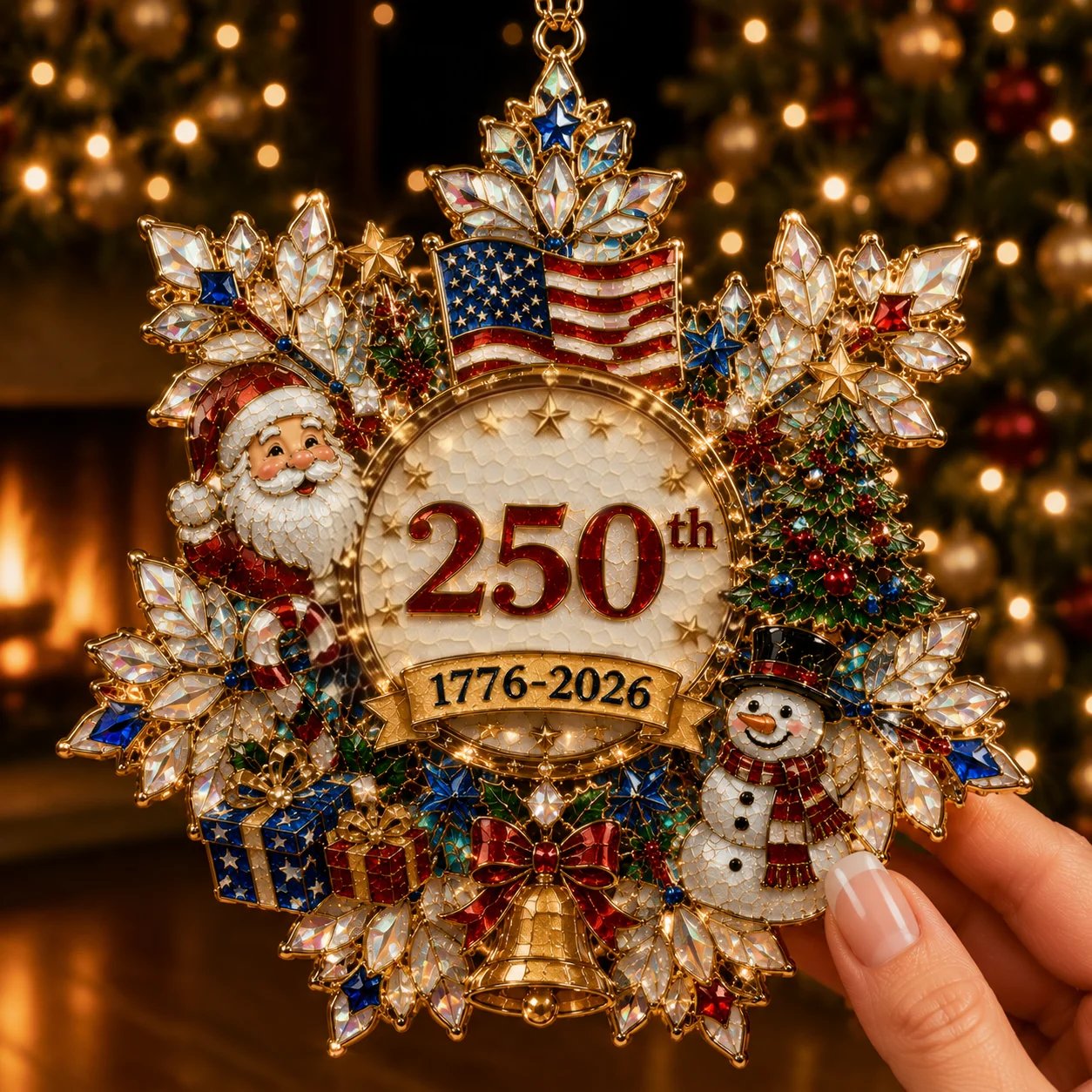 🔥🎁America 250 Crystal Patriotic Christmas Ornament