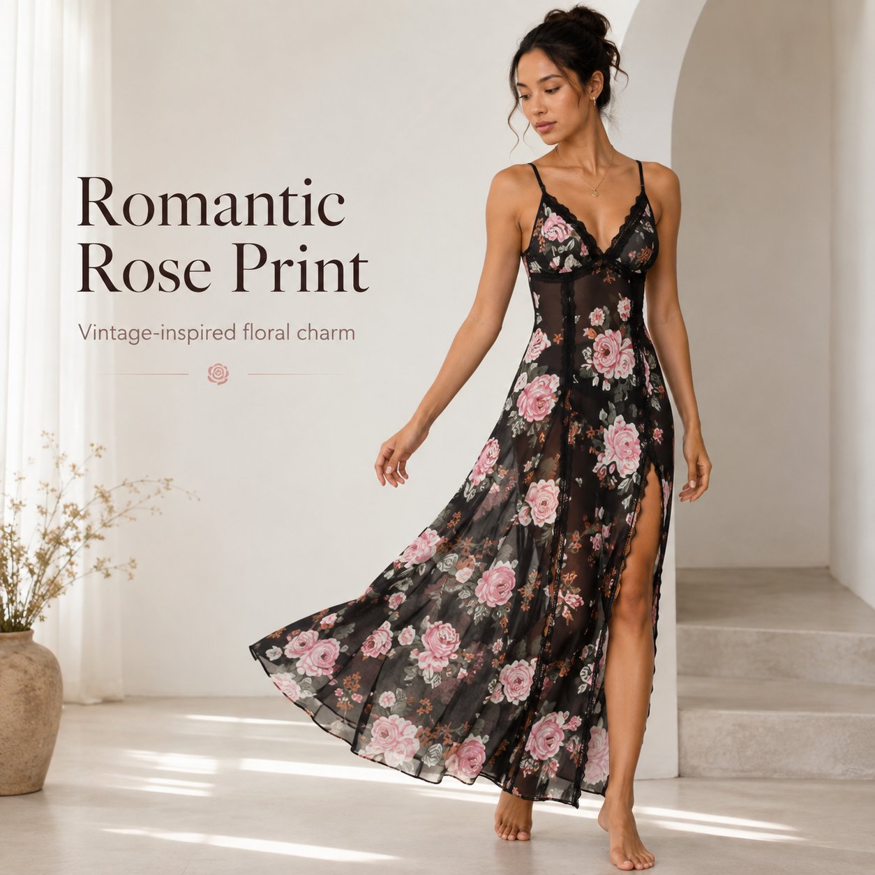Sheer Floral Rose Print Maxi Dress