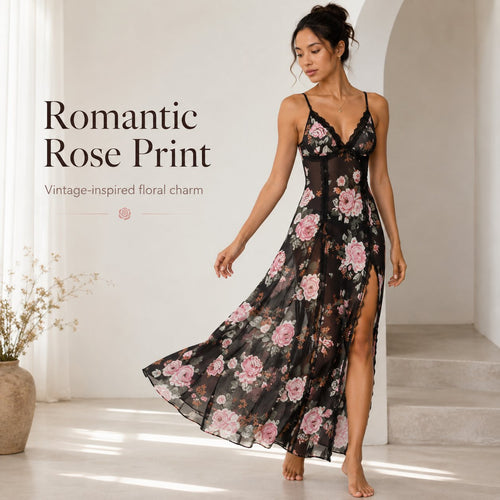 Sheer Floral Rose Print Maxi Dress