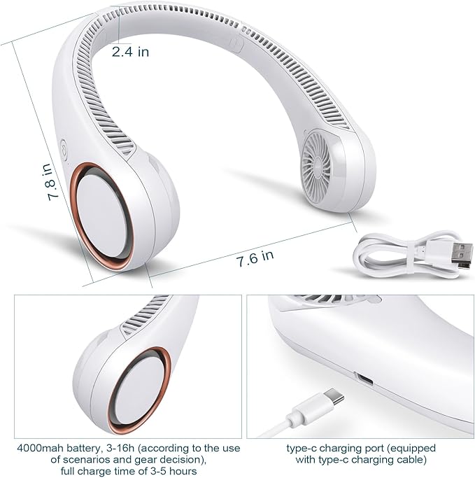 Portable Neck Fan - Hands-Free Bladeless Personal Wearable Fan, 3-Speed USB Rechargeable Cooling Fan for Travel, Office & Outdoor